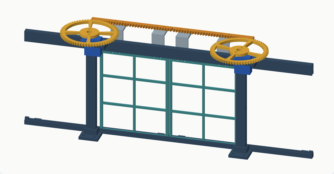3D design of two sliding doors with toothed racks and two servo-driven gears